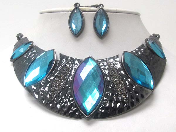 Five fashion crystal arrowhead stone and crystal hammered half oval drop chain necklace earring set