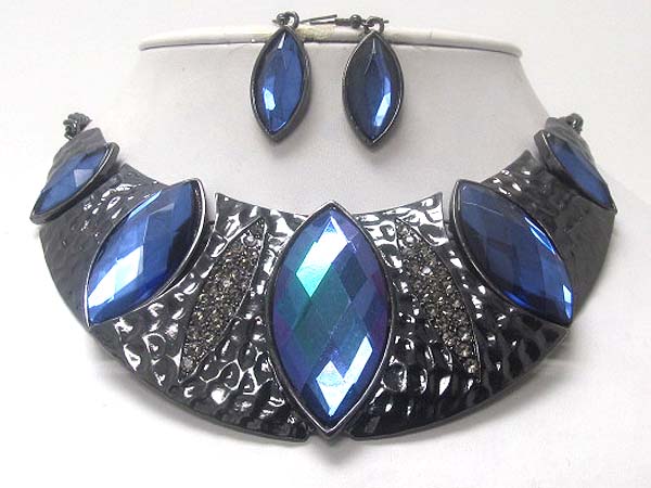 Five fashion crystal arrowhead stone and crystal hammered half oval drop chain necklace earring set