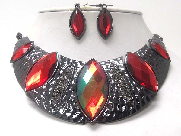 Five fashion crystal arrowhead stone and crystal hammered half oval drop chain necklace earring set