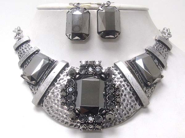 Three fashion crystal square stone and crystal hammered achitectural metal drop chain necklace earring set