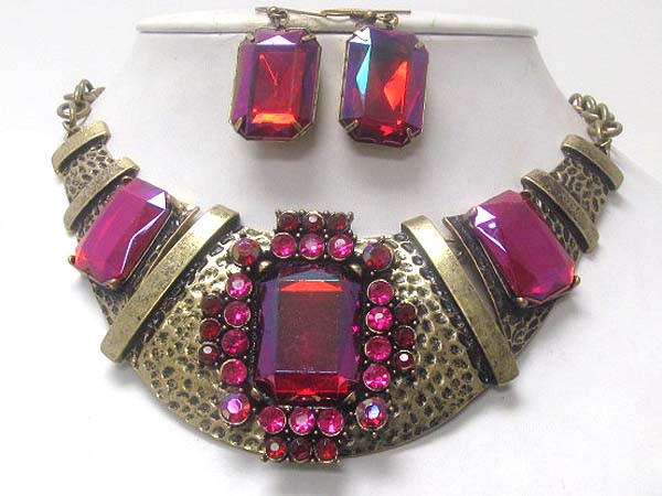 Three fashion crystal square stone and crystal hammered achitectural metal drop chain necklace earring set