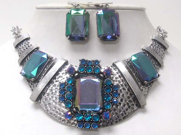 Three fashion crystal square stone and crystal hammered achitectural metal drop chain necklace earring set