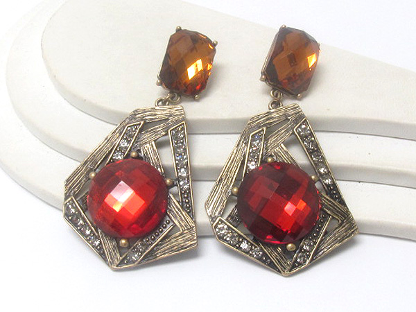 Crystal square stone and drop round crystal stone  achitectural textured metal drop earring 