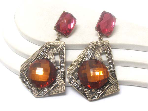 Crystal square stone and drop round crystal stone  achitectural textured metal drop earring