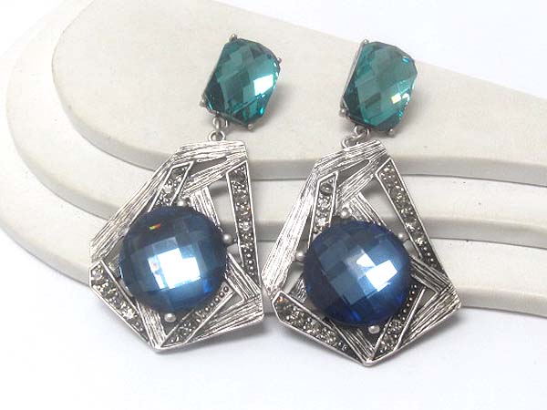Crystal square stone and drop round crystal stone  achitectural textured metal drop earring 