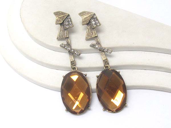 CRYSTAL ACHITECTURAL TEXTURED METAL DROP OVAL CRYSTAL STONE EARRING 