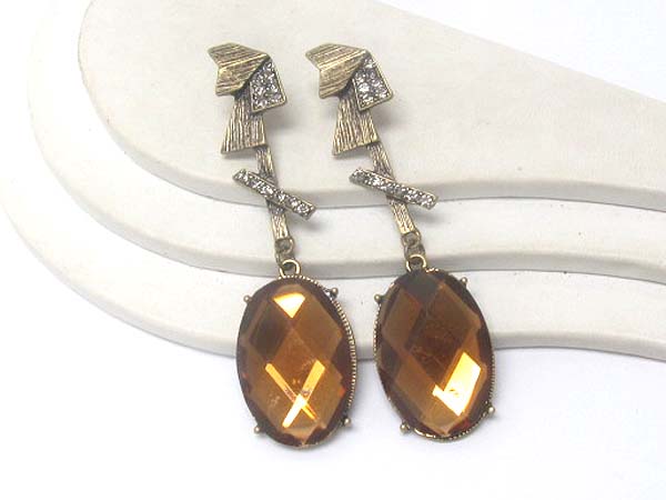 Crystal achitectural textured metal drop oval crystal stone earring 