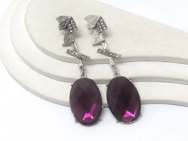 Crystal achitectural textured metal drop oval crystal stone earring 