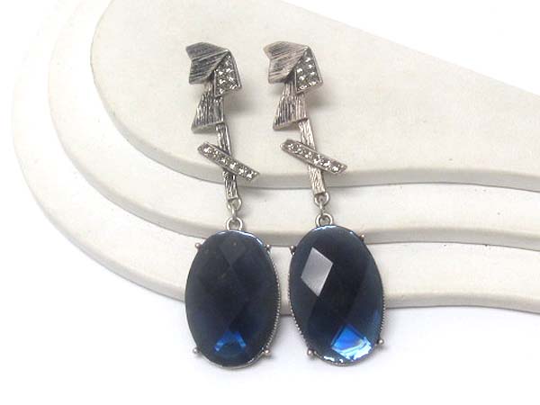 Crystal achitectural textured metal drop oval crystal stone earring