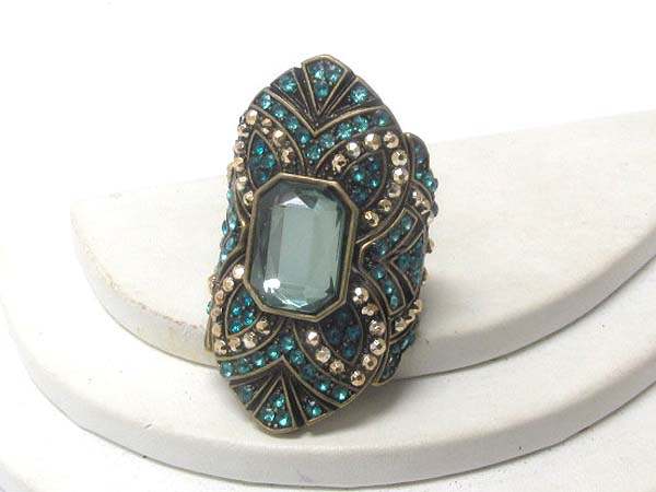 Multi crystal art deco and square crystal stone long finger stretch ring