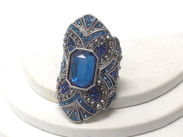 Multi crystal art deco and square crystal stone long finger stretch ring