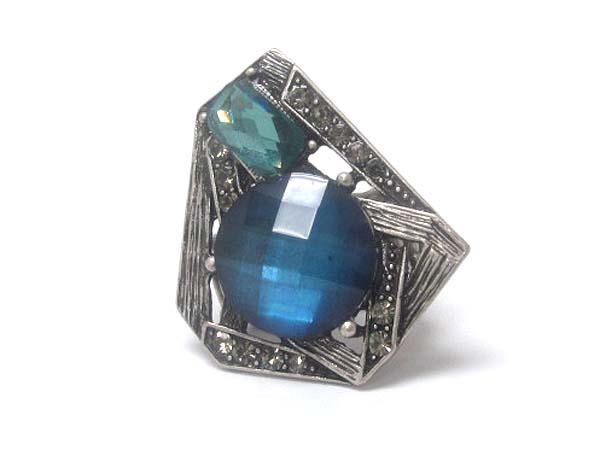 CRYSTAL ACHITECTURAL TEXTURED METAL ROUND AND SQUARE CRYSTAL STONE RING