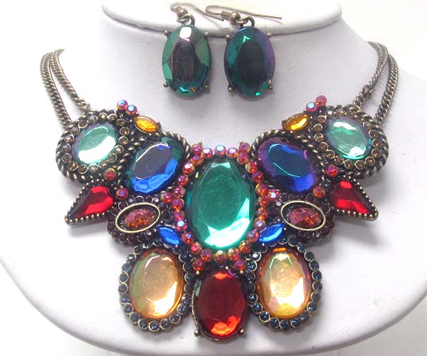MULTI CRYSTAL ART DECO AND MULTI OVAL CRYSTAL STONE FASHION DOUBLE CHAIN NECKLACE EARRING SET