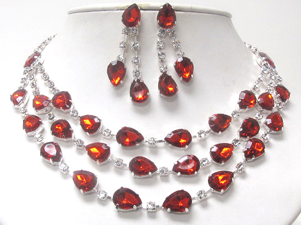 3 LINE RHINESTONE AND GLASS DECO PARTY NECKLACE EARRING SET