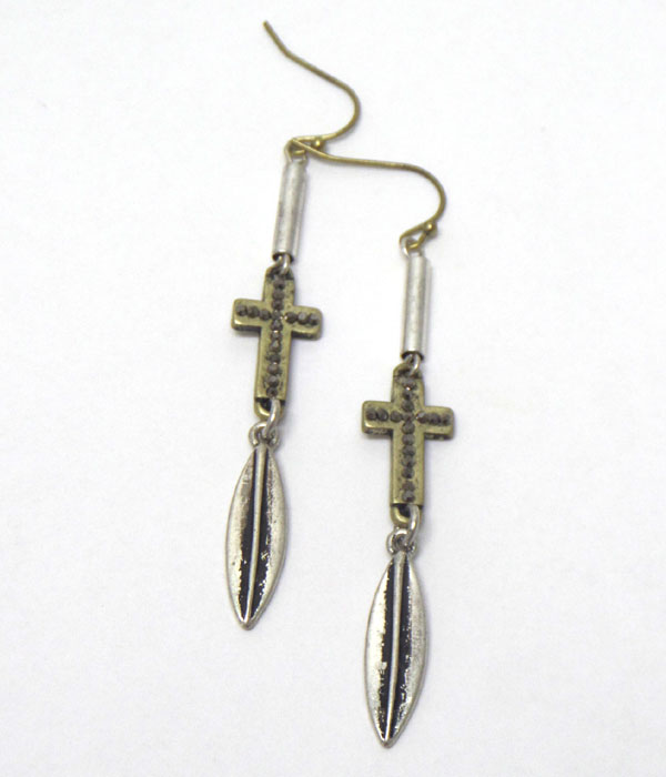 Thin cross drop burn silver earrings