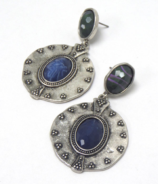 Large burnish silver disks with stone earrings