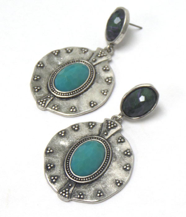 Large burnish silver disks with stone earrings