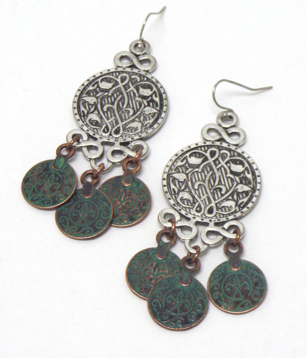 Antique thin metal burnish silver disks earrings