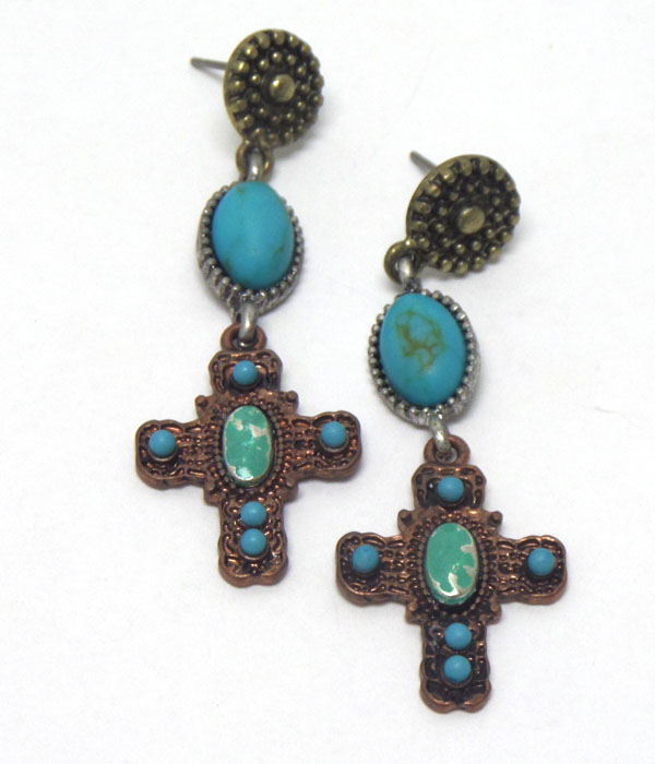 Turquoise stone cross antique copper earrings