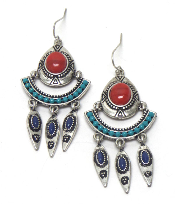 Tribal style texture metal burn silver hook earrings