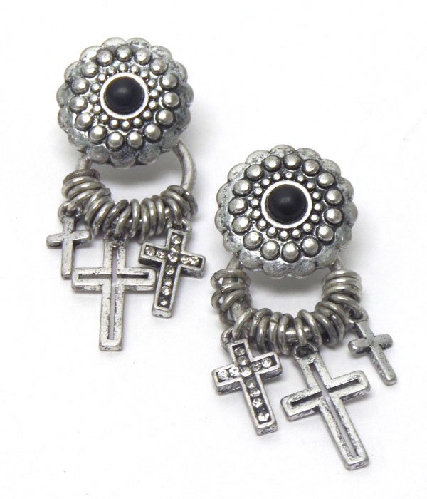 Texture metal charm cross earrings 