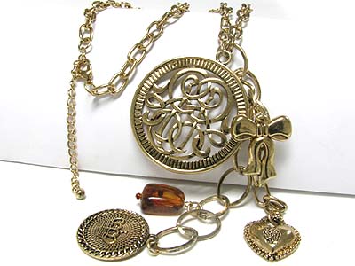 European style multi charm dangle long necklace - crown heart ribbon