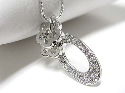 Made in korea whitegold plating crystal oval pendant and small flower link necklace