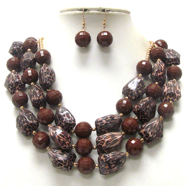 Multi animal print acrylic stone link deco 3 layered necklace earring set
