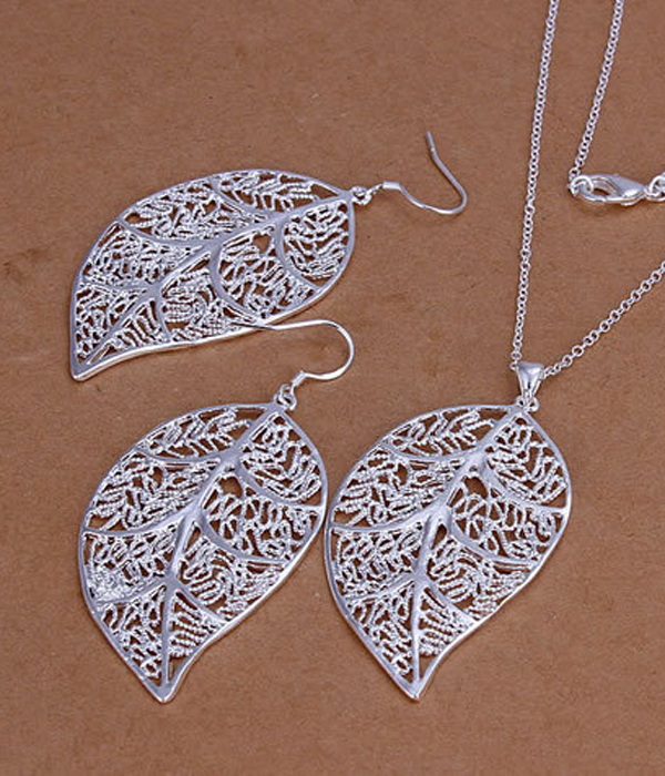 925 sterling silver plated metal filigree leaf necklace set