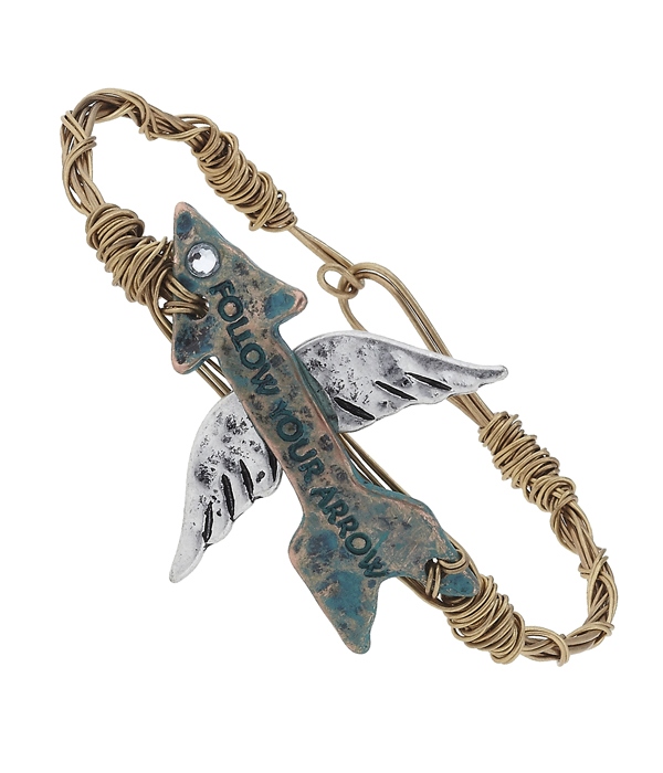 Handmade patina arrow wing and wire bangle bracelet - follow your arrow