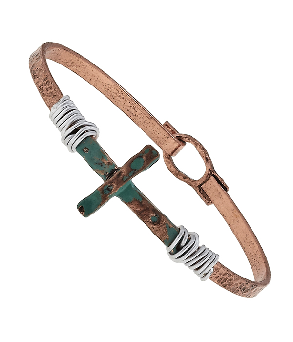 Handmade patina cross bangle bracelet