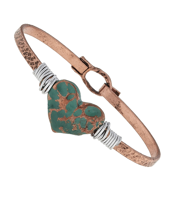 Handmade patina heart bangle bracelet