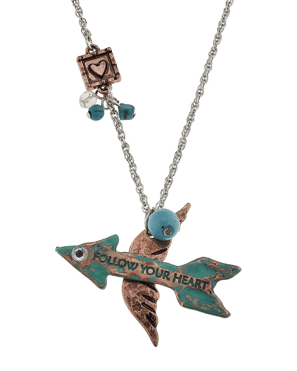 Handmade patina arrow wing pendant necklace