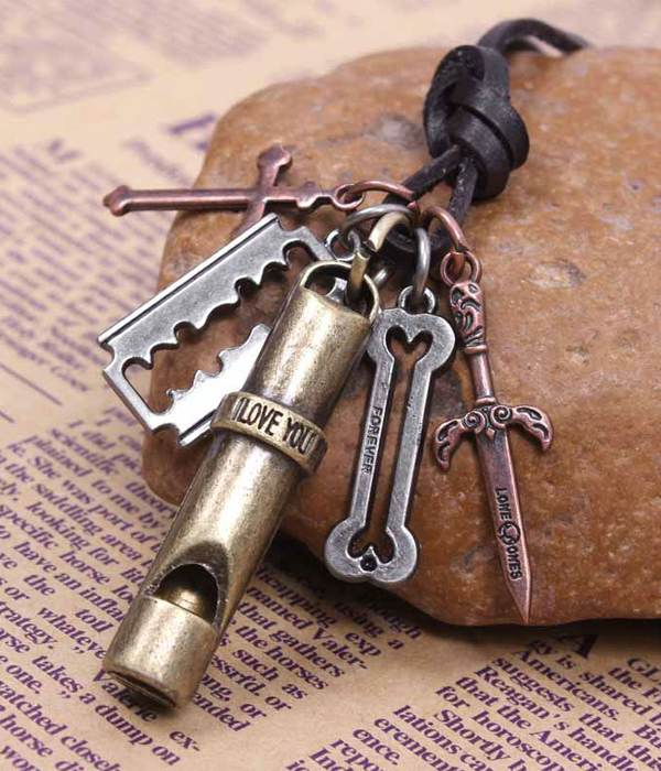 Vintage lover whistle and sword pendant and adjustable leather chain necklace