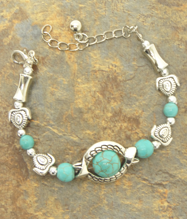 Bohemian sky eye turquoise and tibetan silver bracelet