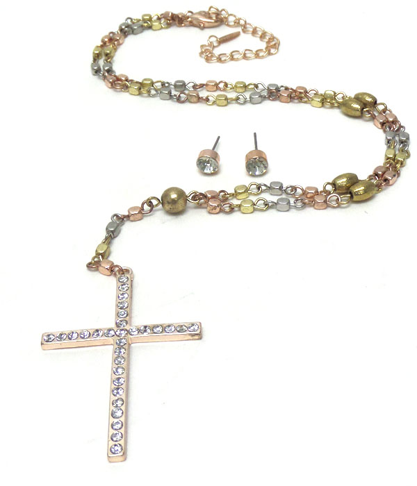 Metal beads cross rosary necklace set 