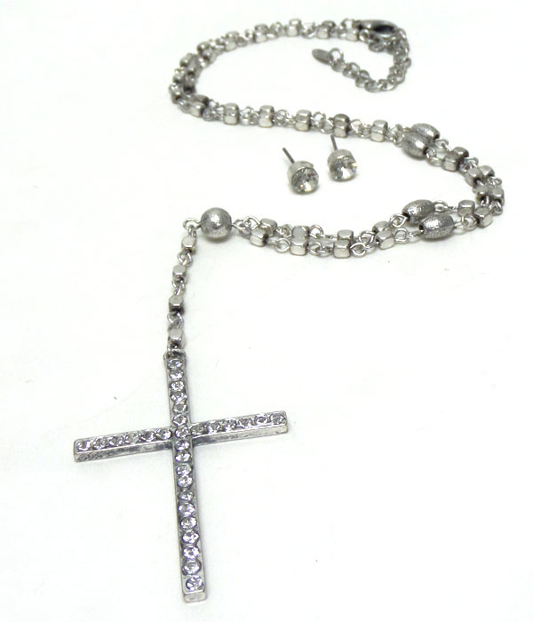 Metal beads cross rosary necklace set 