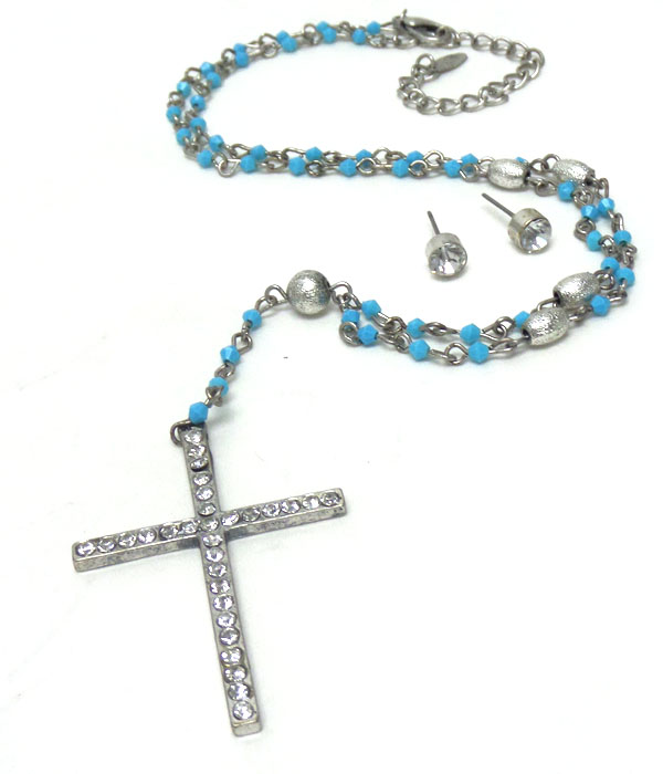 Glass beads stone cross rosary necklace set