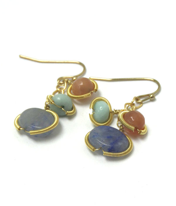 Genuine semi precious stone metal and triple stone earrings - blue