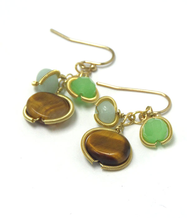 Genuine semi precious stone metal and triple stone earrings - tiger eye 