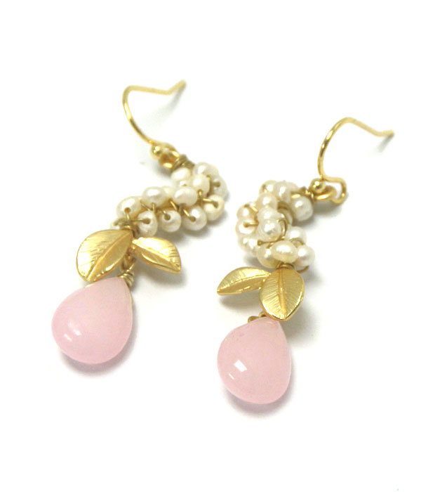 Genuine semi precious stone leaf and pearl drop earrings - rose quartz 