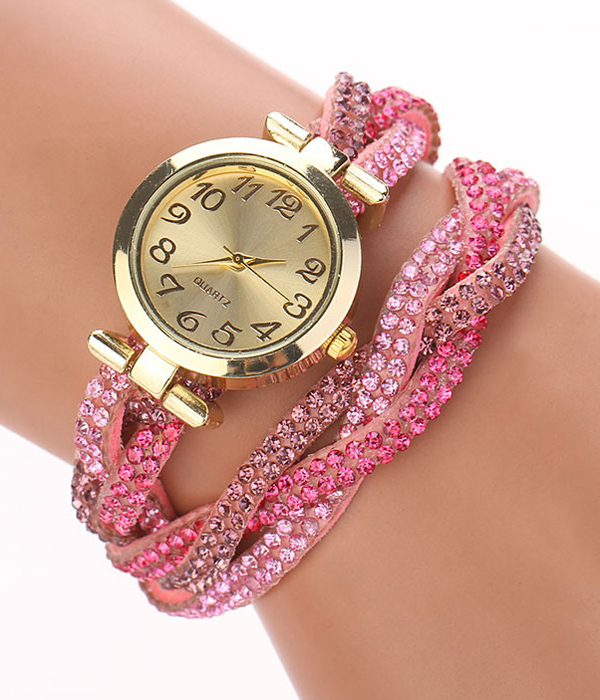 2 layer crystal stud braided leather wrap around watch