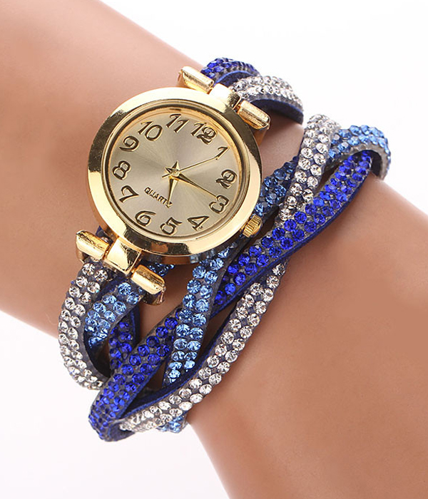 2 layer crystal stud braided leather wrap around watch