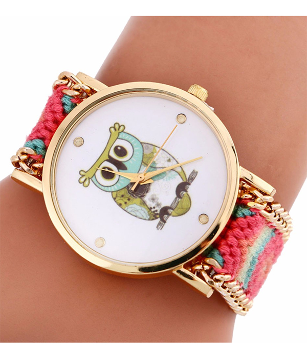 Cartoon owl face and knitted casual band watch