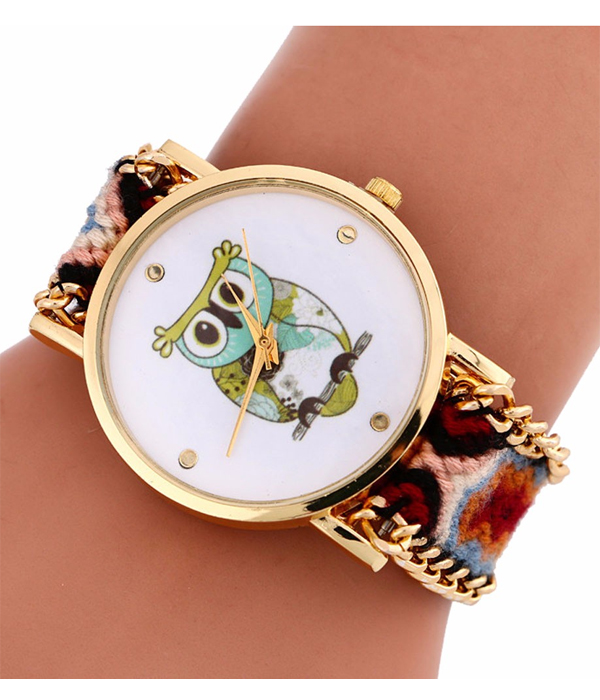 Cartoon owl face and knitted casual band watch
