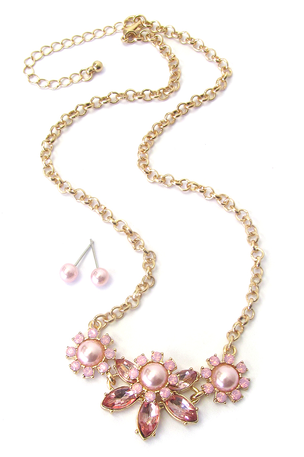Pearl center flower link necklace set