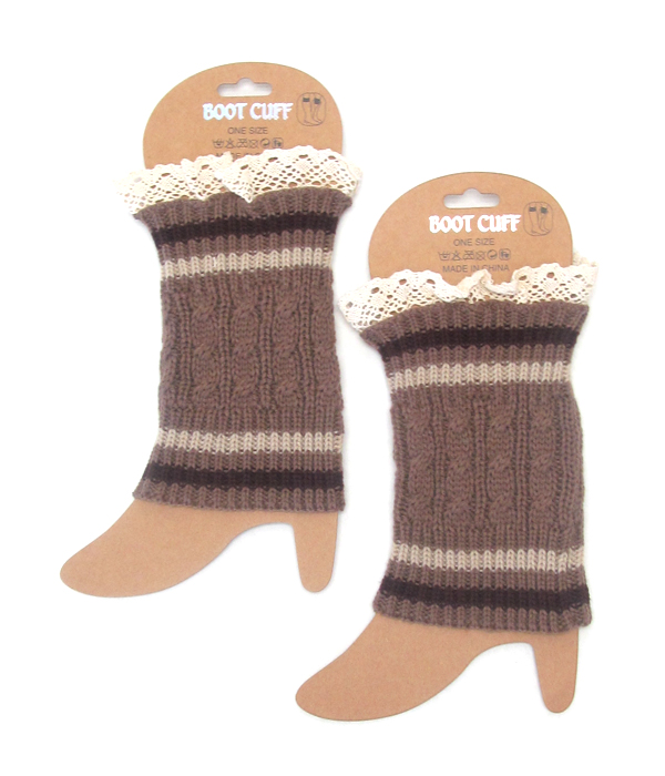 Vintage lace and stripe crochet leg warmer - boot cuffs