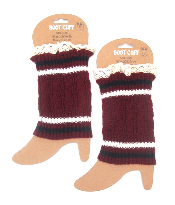Vintage lace and stripe crochet leg warmer - boot cuffs