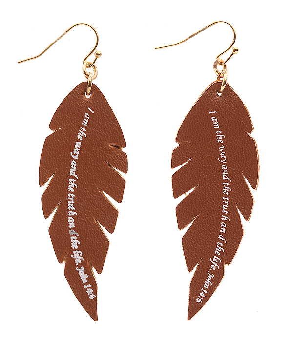 RELIGIOUS INSPIRATION MESSAGE LEATHER EARRING - FEATHER - JOHN 14:6