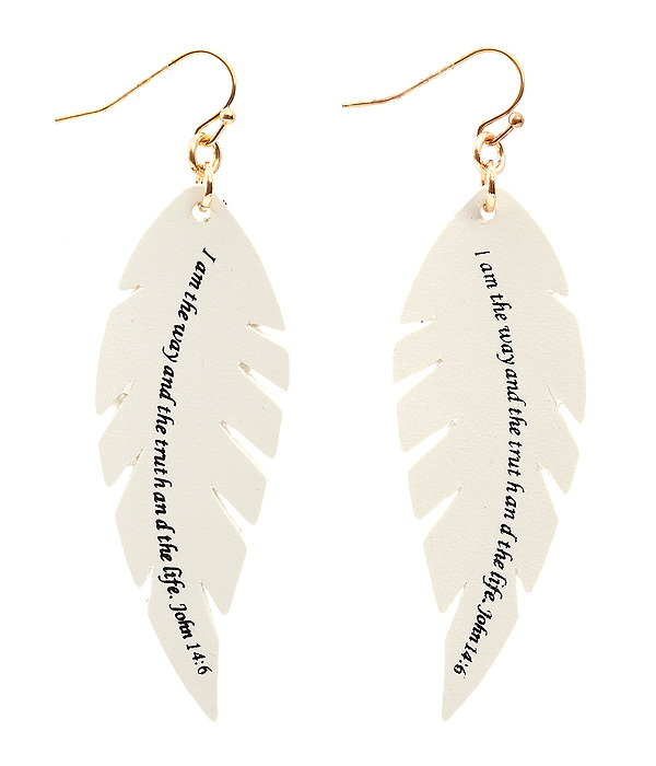 RELIGIOUS INSPIRATION MESSAGE LEATHER EARRING - FEATHER - JOHN 14:6